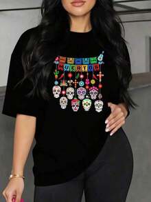 And : Unisex Graphic T-Shirt With Day Of The Dead Skulls, Casual And Stylish. Made From 100% Cotton, It's Comfortable, Soft, And Breathable, Suitable For Everyday Casual Wear And As A Gift. Men's T-Shirt, Tops, Women's Sweatshirts, Y2k T-Shirt Shirt - 黑色 - 查看 1