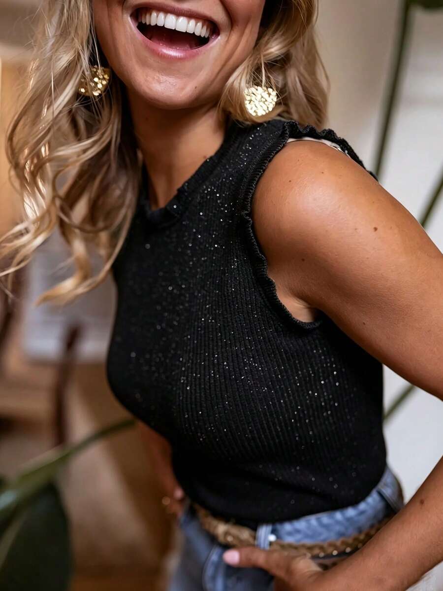 Chaleco de punto suave acanalado para mujer, nueva blusa sin mangas con cuello redondo y volantes para primavera/verano, camiseta ajustada y elástica, diseño con lentejuelas y brillo, versátil para uso diario, trabajo, citas, y para combinar con otras prendas - Negro - Ver 1