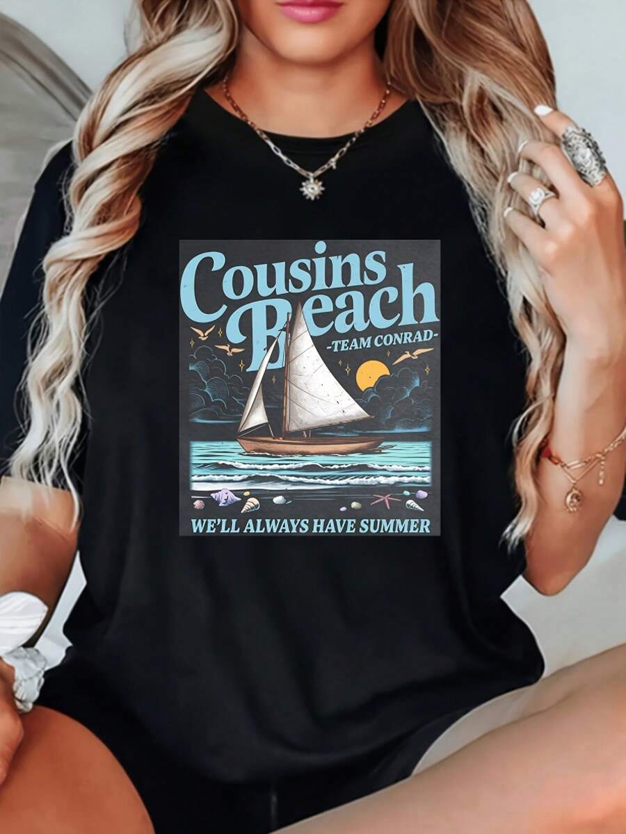 Una camiseta de manga corta para mujer, moderna, a la moda, retro, holgada, suave y cómoda, adecuada para actividades al aire libre en primavera y verano, con un estampado creativo del velero Conrad al atardecer en la playa de Tangxiong.Esta camiseta casual para mujer tiene cuello redondo, mangas cortas, es lavable a máquina, sencilla y versátil, transpirable y con un corte informal para primavera y verano.blusas para mujer,blusas casuales para dama,tops,, mujer premium,y2k,playeras de mujer curvy,ofertas y liquidaciones ropa mujer,playeras deportivas para mujer,,playeras de hombre, mujer,blusas>elegante HXFW - Negro - Ver 1