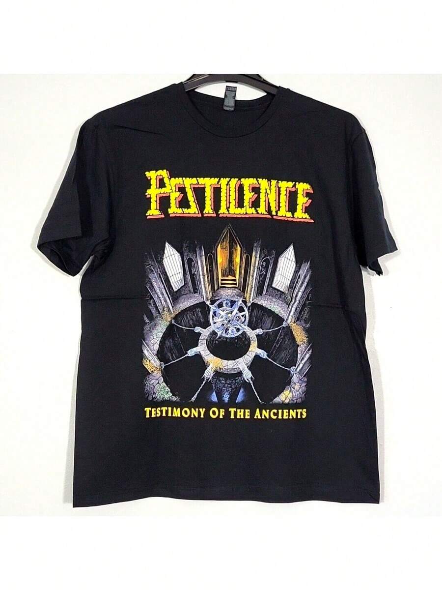 Loose Fit Breathable Short Sleeve T-Shirt - Official Pestilence Band Graphic Tee With Urban Style, Minimalist Crew Neck, Casual Summer Style, Suitable For The Gym, Casual Wear, And Comfortable Machine Washable Clothing. A Short Sleeve Tee Suitable For Home, Everyday Wear, Parties, And Travel, Perfect As A Gift For Friends Or Family. - 黑色 - 查看 1