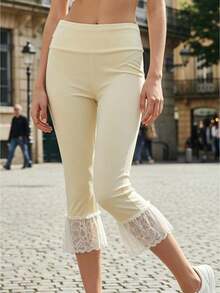 Women Flare Capris Legging Pants Summer Lace Trim Fold-Over High Waist Cropped Pants  Trousers For Streetwear - 黃色 - 查看 1
