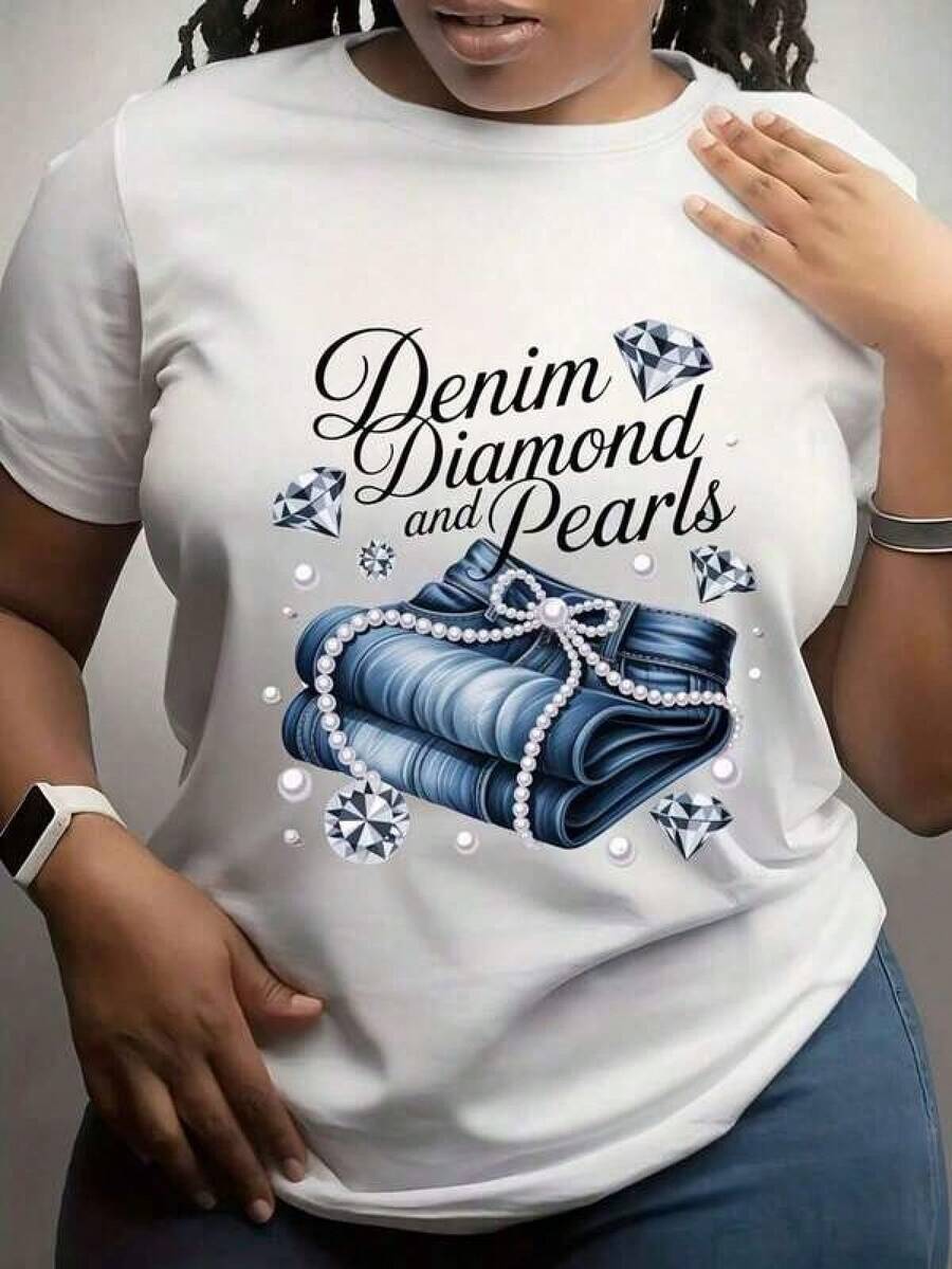 Informal para el día a díaWomen'S Denim Diamond & Pearls Pattern Graphic Tee Chic Office Casual Top, Soft Skin Friendly Fashion T Shirt, Crew Neck, Regular Sleeve, All Seasons,Camiseta de cuello redondo, camiseta informal estampada para mujer,Camisetas para hombre, camisetas a juego para padres e hijos, ropa de apoyo para la Copa del Mundo, artículos esenciales para la graduación y la vuelta al cole. - Blanco - Ver 1
