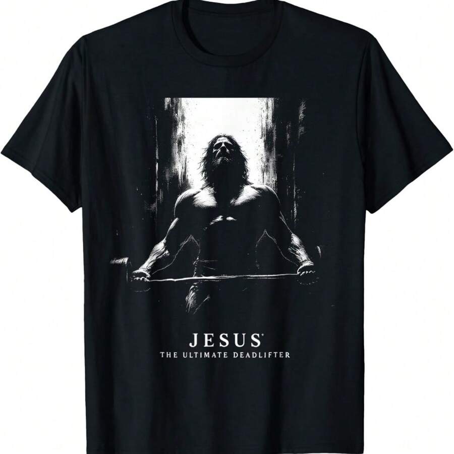 Jesus The Ultimate Deadlifter - Funny Weightlifting Graphic T-Shirt - Black - View 1