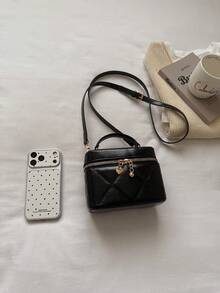 1pc Mini Women's Handbag, Fashion Solid Color Embroidered Rhombus Pattern Crossbody Bag, Suitable For Holding Cards And Keys - Black - View 4