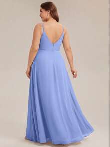 EVERPRETTY Plus Size Women's Chiffon V-Neck Slit High Waist Long Formal Evening Gown Elegant Wedding Bridesmaid Dress Summer Wedding Guest Dress Party - Dusty Blue - View 2