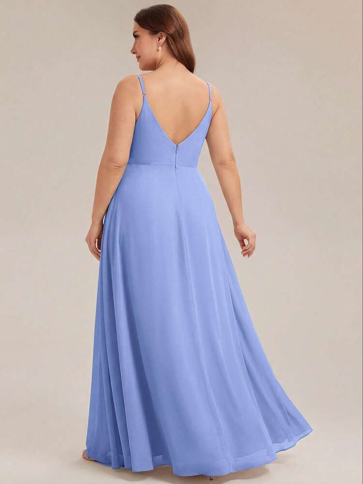 EVERPRETTY Váy phù dâu nữ size lớn thanh lịch bằng vải voan với cổ chữ V và xẻ đùi, đầm dạ hội dài cho tiệc cưới, váy khách mời đám cưới mùa xuân hè - Màu xanh bụi bặm - Xem 2