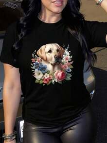 Camiseta de manga corta de algodón puro de 180g para mujeres con diseño de Labrador Retriever floral, cuello redondo, casual, lavable en máquina para todas las estaciones, regalo para mamá, material cómodo, camisa de impresión para uso diario, camisa de look moderno - Negro - Ver 5