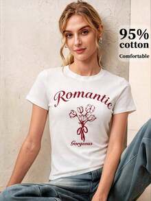 1pscAnewsta Camiseta Estampada Elegante y Divertida para Mujer, Adecuada para el Uso Diario, 100% Algodón - Blanco 2 - Ver 4