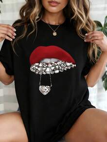Edgy Red Lips With Silver Rhinestone Graphic T-Shirt, 100% Cotton  Crewneck Top For Streetwear, Night Out & Bold Aesthetic Outfits - 黑色 - 查看 1