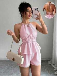 conjunto de 2 piezas de mujer con top halter con lazos y pantalones cortos a rayas con espalda descubierta, adecuado para vacaciones de verano y viajes - Rosa - Ver 1