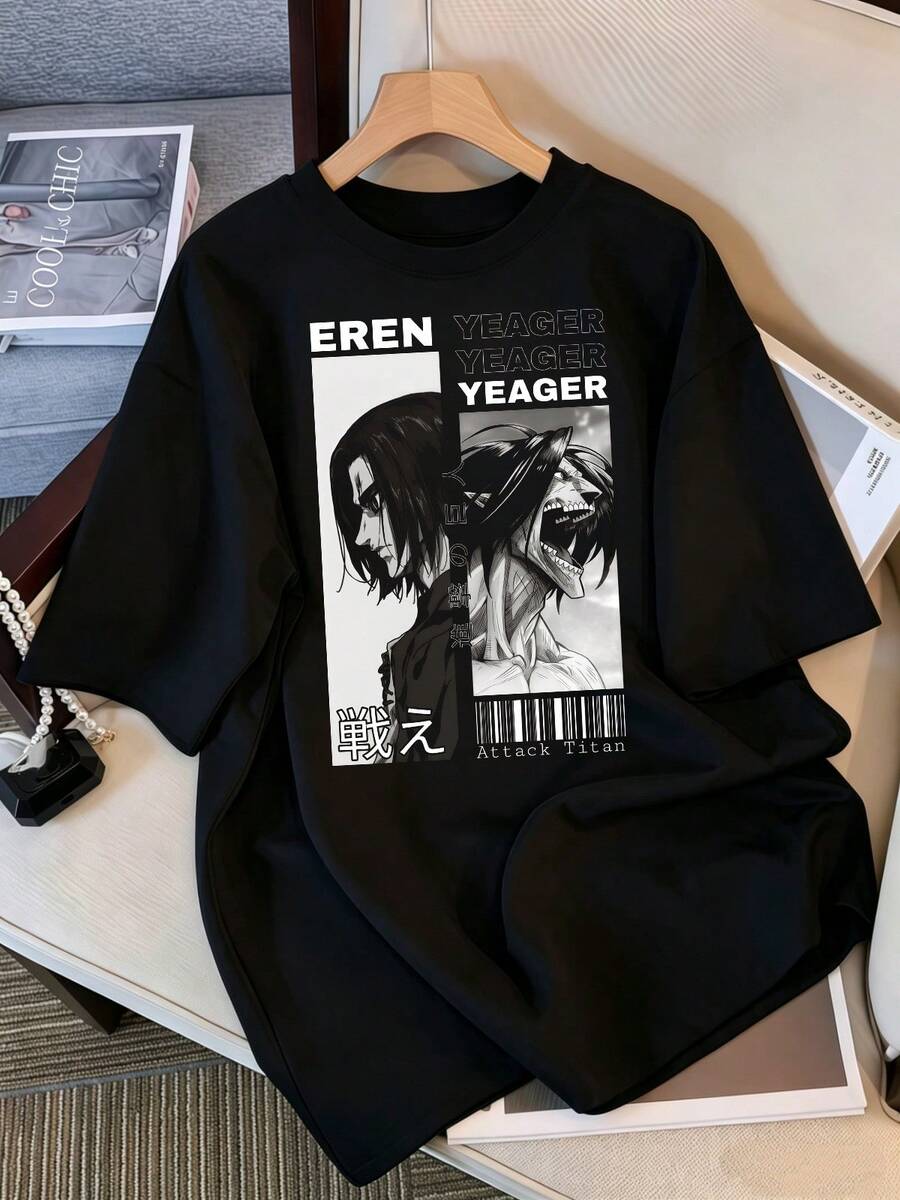 2026 T-Shirt, Eren Yeager Manga Black & White T-Shirt, Oversized Streetwear T-Shirt For Men And Women Fans, Casual T-Shirt, Oversized Top With Split Eren Yeager Print. Retro Style K-Pop Idol Oversized T-Shirt, Vintage Graphic Print T-Shirt, Short Sleeve Casual Top, K-Pop Fan Merchandise, Black Streetwear T-Shirt For Fans, Vintage K-Pop Star Graphic Print T-Shirt, Short Sleeve Oversized T-Shirt With Retro Letter Print, Casual Black Crew Neck Top, Gift For Streetwear Style Idol Fans, Comfortable Loose Fit Cotton Blend T-Shirt For Women And Men. - Black - View 1