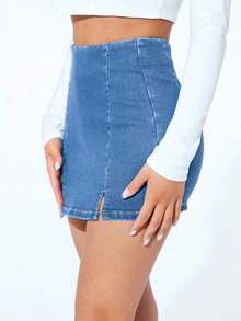 Falda pantalón informal de mezclilla con corte alto y dobladillo con doble abertura para mujer - Azul lavado medio - Ver 3