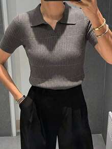 Suéter de mujer con cuello y mangas cortas a rayas para otoño - Gris - Ver 7