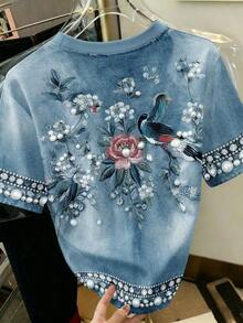 Camiseta de mujer de estilo chino con estampado digital, camiseta de cuello redondo vintage de denim azul con flores y pájaros, camiseta de mujer con estampado digital de flores y pájaros orientales, top casual de verano de cuello redondo - Multicolor - Ver 2