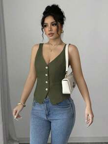 Camiseta sin mangas de un solo pecho de unicolor casual para mujer - Verde militar - Ver 4