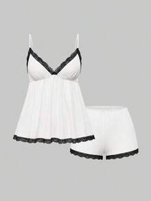 Conjunto de pijama casual de camiseta de tirantes acanalada y shorts con encaje - Blanco y Negro - Ver 1