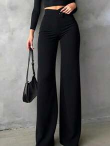 Pantalones rectos de cintura alta de unicolor, elegantes y casuales, adecuados para salidas diarias, ir a la oficina, estar en casa, citas, pequeñas fiestas, eventos sociales ligeros en primavera, color negro - Negro - Ver 2
