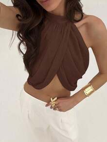 Blusa elegante y sexy para mujer con cuello cruzado, fruncido en la espalda y botones, de estilo casual y de vacaciones, de gasa - Marrón - Ver 7