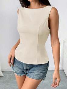 Camisa sin mangas con lazo en la espalda de unicolor, elegante, casual, sexy y minimalista para uso en la oficina y negocios para mujeres, primavera/verano - Albaricoque - Ver 7