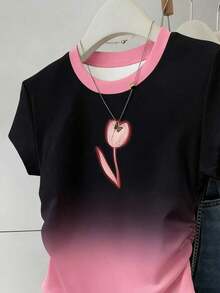 Camiseta ajustada de manga con volantes en degradado con estampado de corazón de fresa y letras, para uso casual, vacaciones y viajes, verano - Multicolor 5 - Ver 3