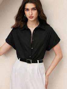 Nueva llegada Camisa casual de manga corta con botones delanteros de unicolor, adecuada para uso diario, primavera/verano - Negro - Ver 4