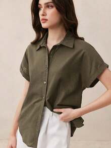 Nueva llegada Camisa casual de manga corta con botones delanteros de unicolor, adecuada para uso diario, primavera/verano - Verde militar - Ver 5
