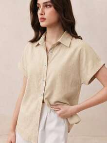 Nueva llegada Camisa casual de manga corta con botones delanteros de unicolor, adecuada para uso diario, primavera/verano - Albaricoque 2 - Ver 5