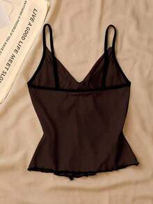 Top de tirantes con lazo y ribete de lechuga en contraste, elegante y ajustado, top para salir para mujeres, apto para el estilo del milenio - Marrón - Ver 2