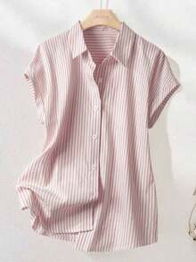 Camisa de manga corta a rayas vintage, de moda para ir al trabajo en verano - Rosa Pálido - Ver 8