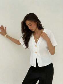 Camisa blanca sólida con mangas de murciélago, doble botonadura y frente abierto elegante - Blanco 3 - Ver 6