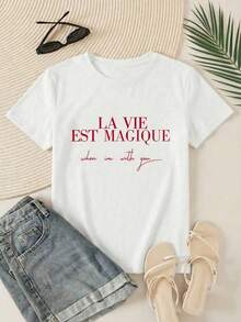 Camiseta Casual Blanca para Mujer con Estampado Gráfico, Cuello Redondo, Manga Corta con Hombros Caídos, Tejido de Punto, Largo Regular HQQN - Blanco - Ver 3