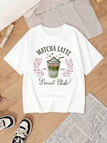 Women's Casual Matcha Latte Knit Social Club Graphic Drop Shoulder Short Sleeve Round Neck T-Shirt, Regular Length 0DEZ - 白色 - 查看 4