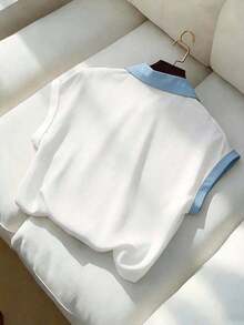Blusa elegante de manga corta con bloques de color para mujer, verano - Celeste - Ver 2