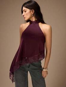 Tall Blusa sin mangas elegante y formal con cuello halter asimétrico, adorno de encaje y hombros descubiertos para fiesta, cóctel, boda o salida nocturna en primavera, verano y otoño - Burdeos - Ver 11