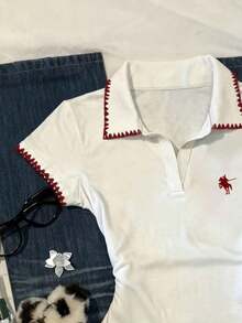 Camiseta casual de mujer con ribete de contraste y cintura fruncida, para verano - Blanco - Ver 3