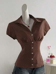 Camisa de mujer con cuello en V, cintura fruncida y manga corta, color blanco, para primavera/verano - Marrón - Ver 8