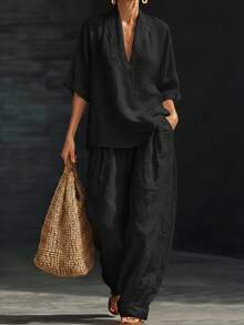 Women's Two-Piece Set, European And American Style, Spring/Summer 2026, Loose Fit, Casual, Comfortable, Simple, Solid Color - Green - View 10