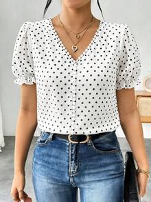 Blusa de gasa con estampado de lunares francés de moda para mujer, diseño elegante y elegante de manga corta con volantes para el verano - Blanco 3 - Ver 5