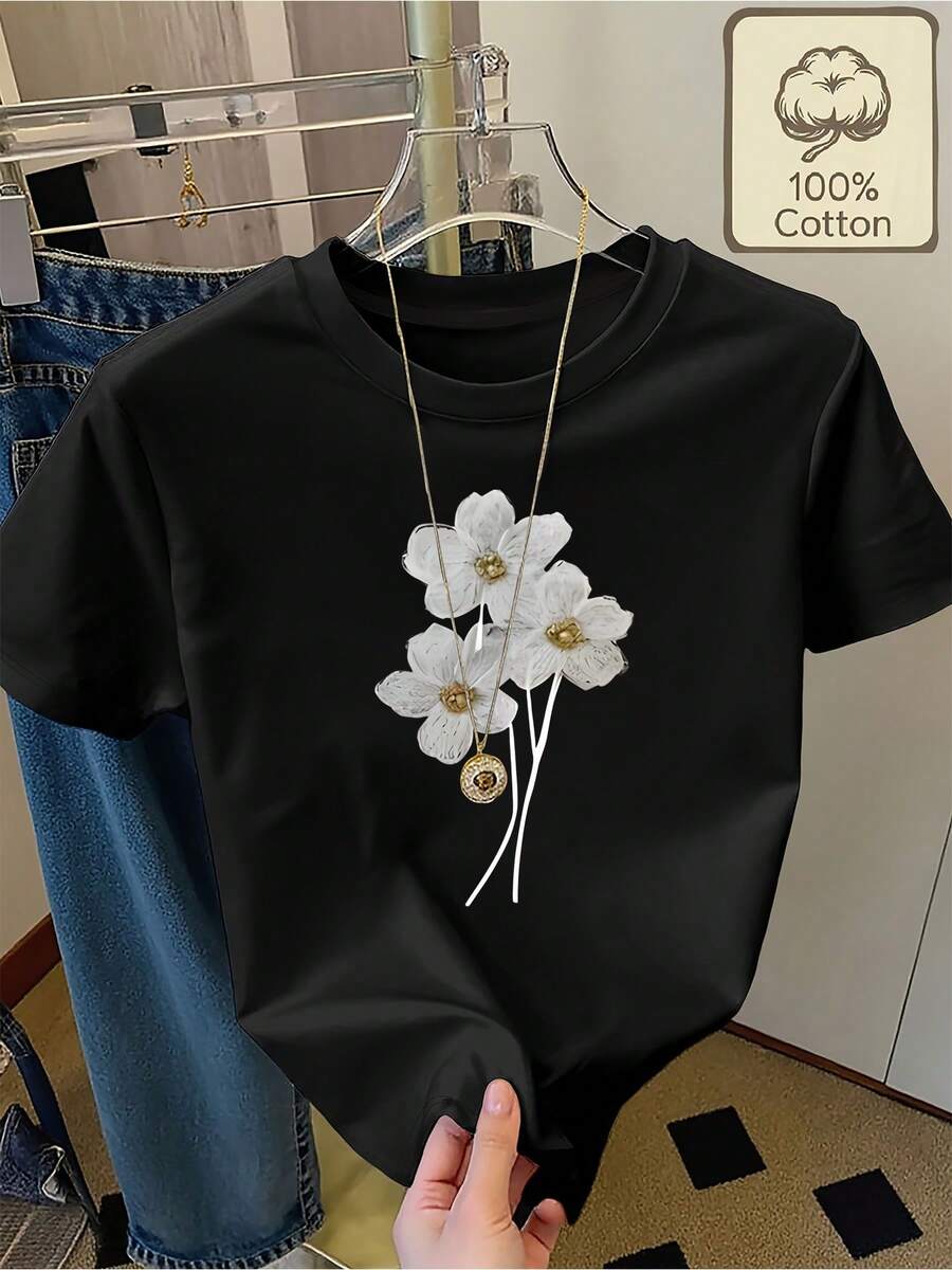 100% Pure T-Shirt With A Print Of Three White Flowers With Golden Stamens, Round Neck, Short Sleeves, Comfortable And Breathable Everyday Summer Wear, Summer Clothing For Women - 黑色 - 查看 1