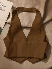 Top sin mangas con espalda descubierta casual para mujer, con botones delanteros, estilo elegante, para verano - Marrón - Ver 2