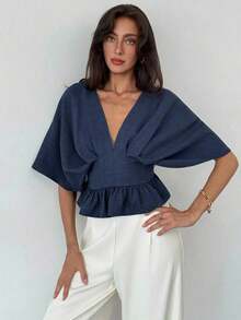 Blusa de manga de murciélago de unicolor elegante para mujer, de verano - Azul marino - Ver 6