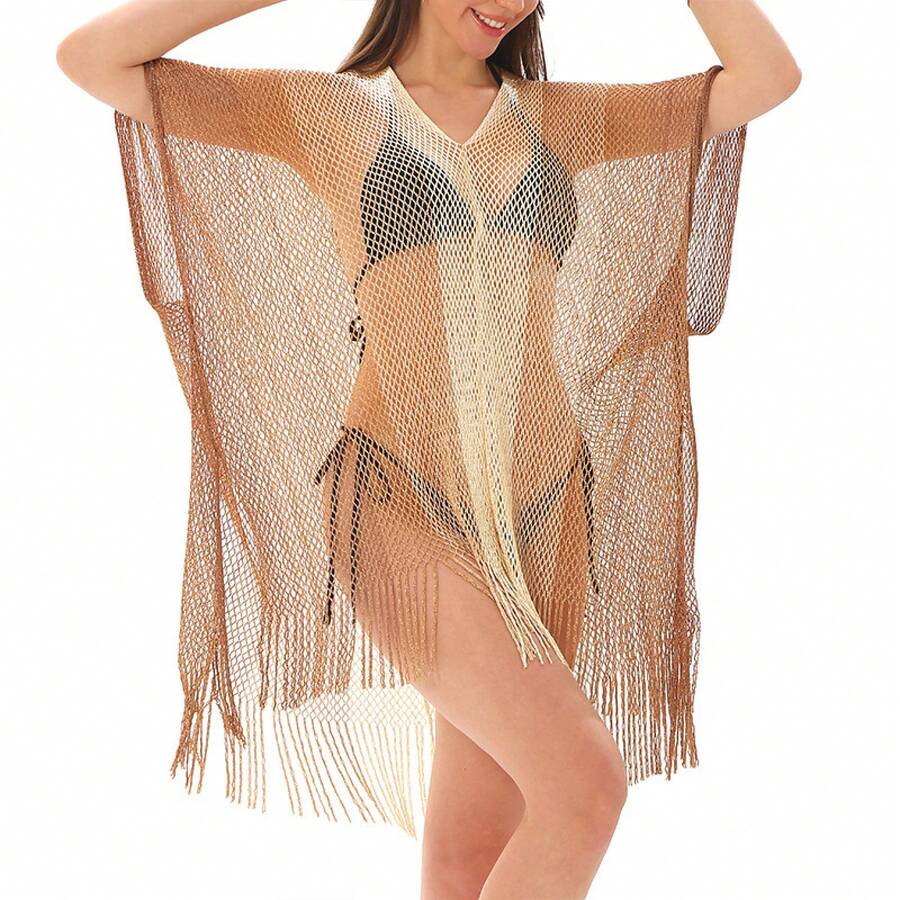 Beach Cover-Up With Mesh And Hollow-Out Design, Bikini Cover-Up, Sexy Sun Protection Shirt For Beach Vacations