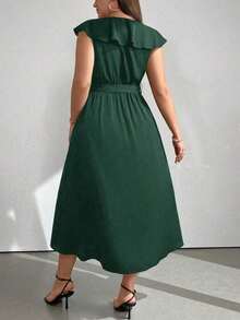 Clasi Vestido de fiesta con cuello en V y ribete de unicolor talla grande, estilo outfit para mujer - Verde Oscuro - Ver 2