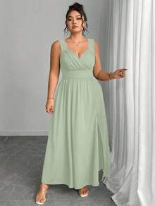 Elenzya Vestido línea A con cuello en V, contraste de encaje, tirantes finos y abertura para tallas grandes - verde menta - Ver 8