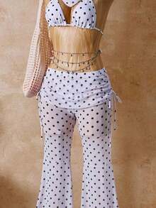 Conjunto de bikini primavera/verano 2026 para mujer, conjunto de bikini de lunares blanco y negro estilo vintage francés combinado con pantalones de malla de pierna ancha sexy y elegante, accesorio de pañuelo de cabeza a la moda, conjunto de playa y traje de baño para mujer, adecuado para vacaciones en la playa y fiestas en la piscina - Blanco - Ver 5