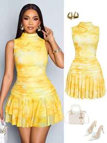 Blusas asimétricas, camisas con pliegues laterales con cordón, blusas casuales de moda de un solo hombro de unicolor - Amarillo - Ver 12