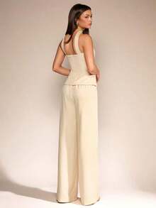 2 piezas/set de Top tipo hálter de verano y pantalones de pierna ancha para mujer, ropa de oficina/trabajo de estilo Mermaid, Backte y uso diario casual para ropa diaria de otoño para mujeres de vuelta a la escuela - Albaricoque - Ver 4