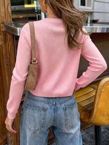 Nuevo cárdigan de punto para mujer de primavera/verano, estilo minimalista casual, cuello redondo de manga larga, diseño de botones de seta, cárdigan abierto amarillo, adecuado para uso casual diario, ir al trabajo, salir, citas de vacaciones - Polvo de loto - Ver 8