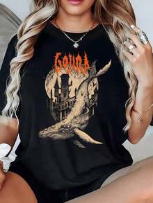 Ballena gigante nadando entre antiguas torres y castillos evocando un mundo marino fantástico camiseta de mujer 100% algodón 220g - Negro - Ver 2