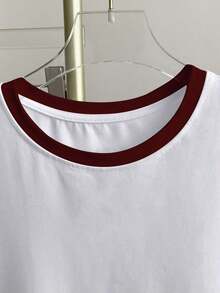 Camiseta de mujer de manga corta con cuello redondo, bloque de color, bordado de corazón a rayas y versátil - Blanco 7 - Ver 3